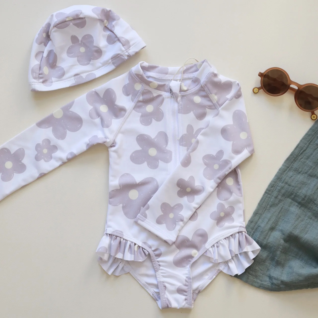 1-7T Toddler Kid Girls Swimwear Summer Clothes Set Print Long Sleeve Swim Bodysuit Sun Protection Quick-dry Swimsuit 6