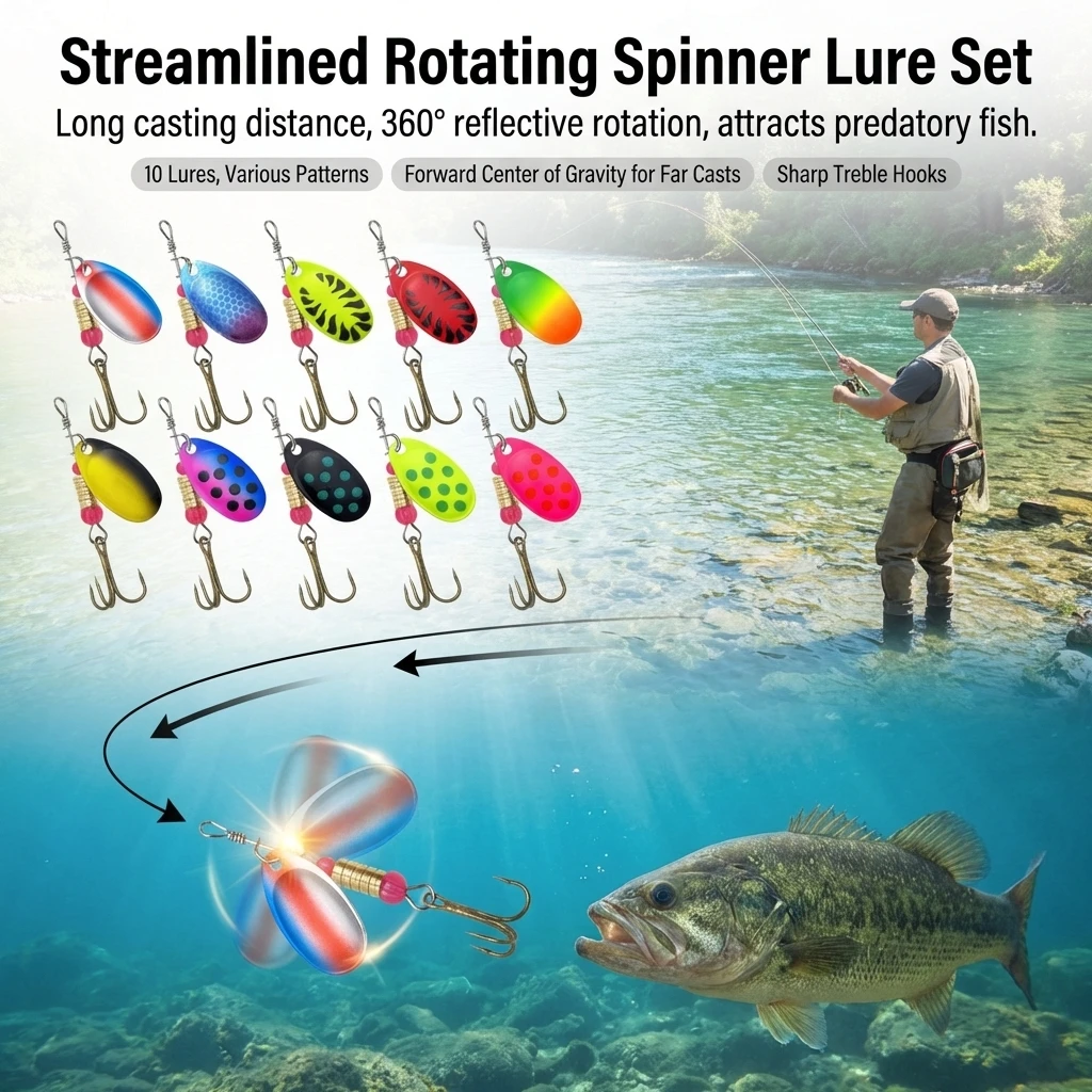 Metal Spinnerbait Fishing Lure Kit 10pcs Multi Color Plated Painted Rotating Luya Bait Portable Outdoor Fishing Accessories