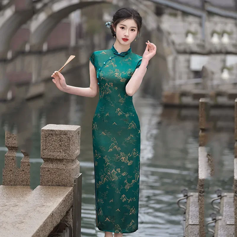 

Women New Satin Cheongsam Chinese Style Female Vintage Sexy Long Dress Plus Size Qipao Short Sleeve Evening Dresses