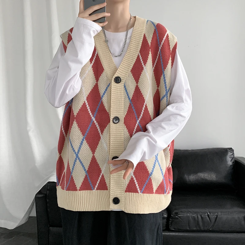 

Retro Hong Kong Sle Japanese Knitted Loose Men's Vest Couple's Outerwear Autumn Faion Brand Diamond Pattern Open Cardigan