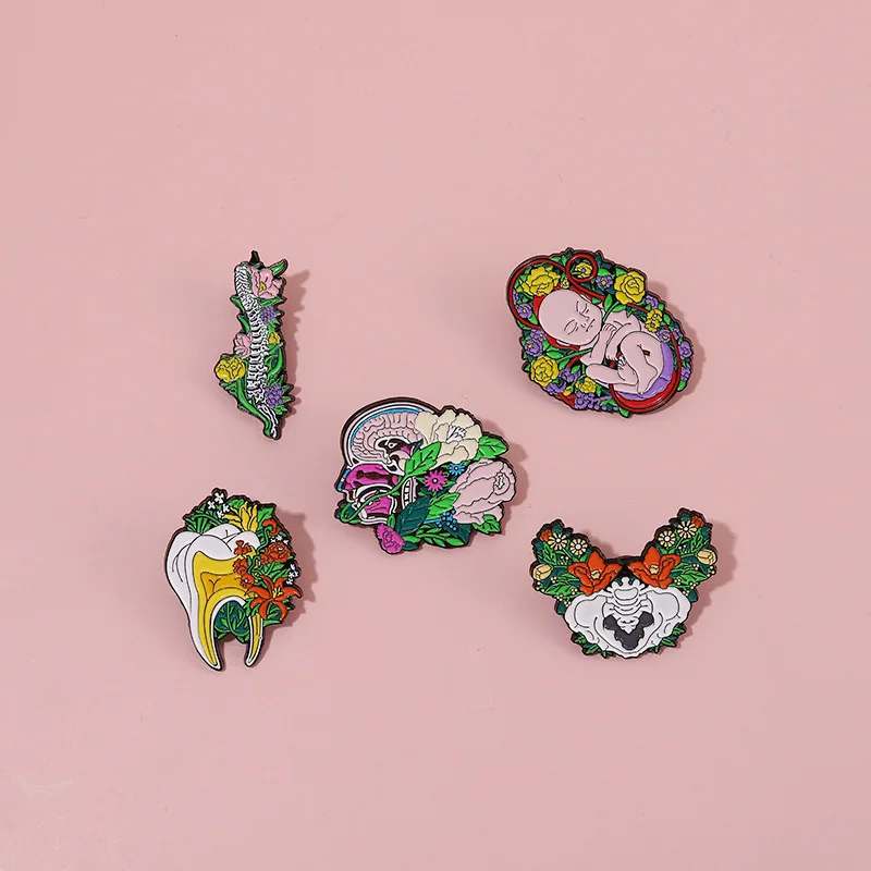 Floral Organs Enamel Pins Fetus Uterus Tooth Rib Liver Kidney Pelvis Brain Lung Brooches Lapel Badge Jewelry Gift for Friends