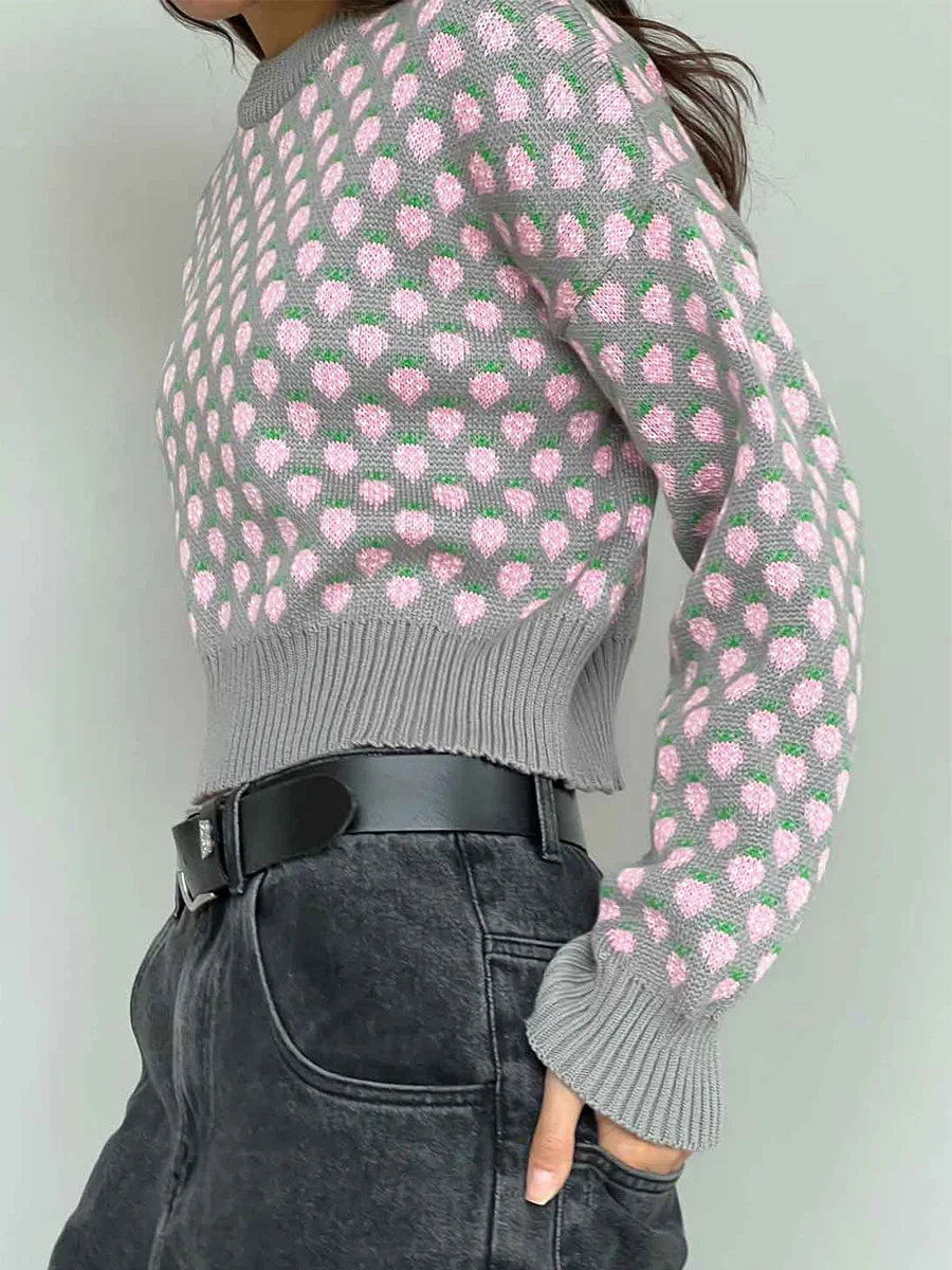 

Long Sleeve Loose Fit Casual Jumpers Women's New Autumn Winter Strawberry Jacquard O-Neck Sweater