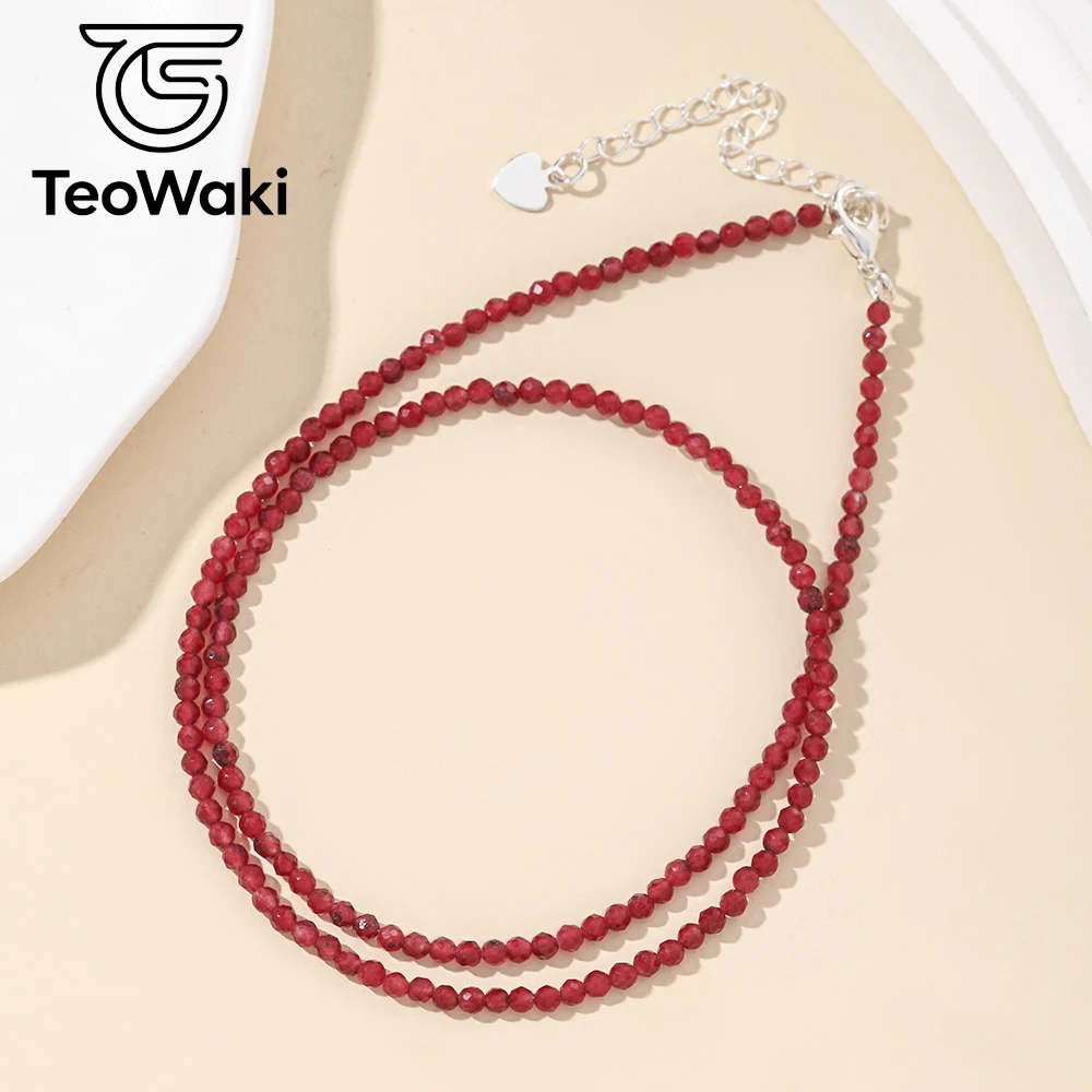 TeoWaki Natural Stone Bead Necklace Adjustable Extension Chain Dainty Ruby Daily Jewelry Best Gift For Family Friends 40+5cm