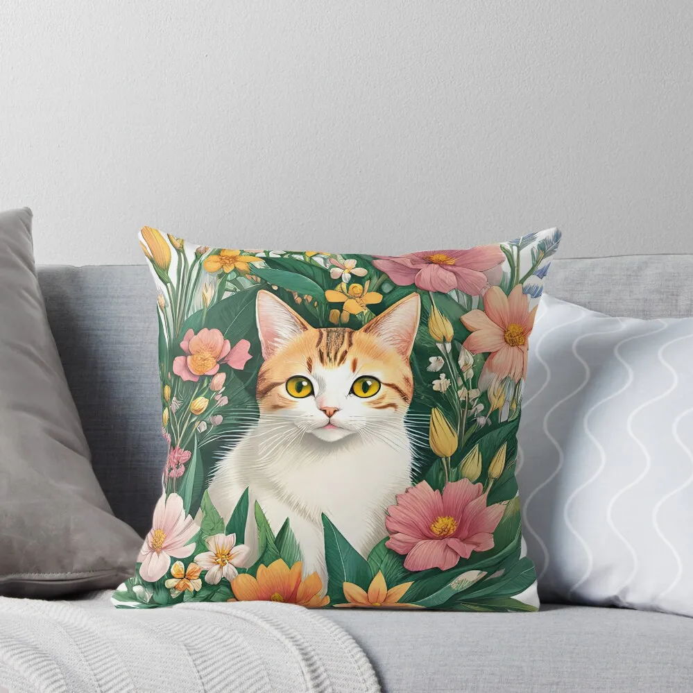 Cat surrounded by flowers Throw Pillow Cushions Cover Sofa Cushion bed pillows autumn pillowcase pillow