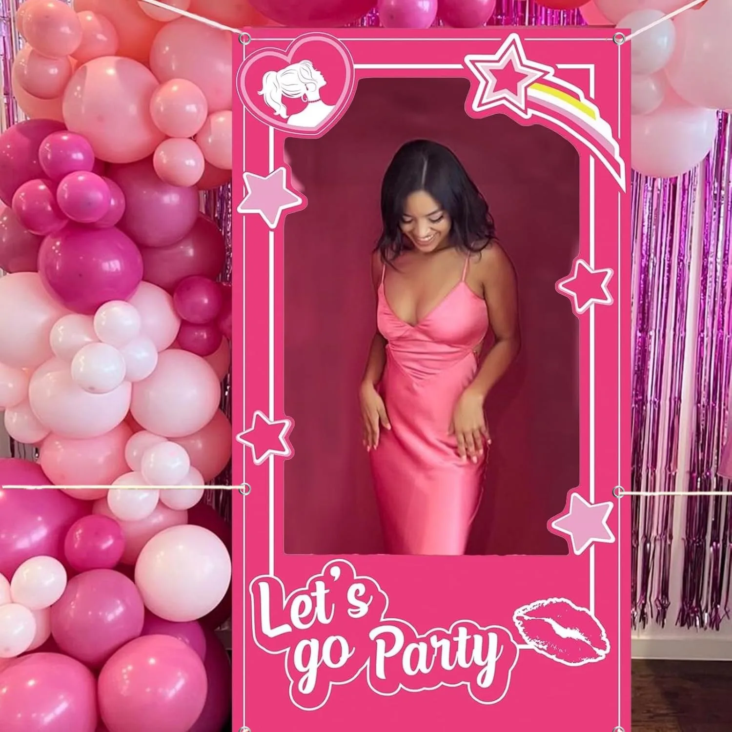Rosa Fotobox-Hintergrund 'Let's Go Party' für Junggesellinnenabschied, Brautparty, Geburtstag, Selfie-Rahmen, Partydekoration, Fotohintergrund