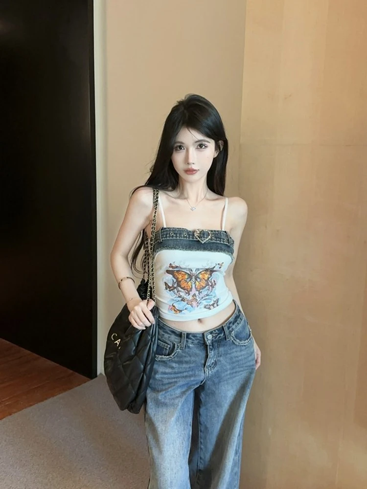 Top vaquero Y2K americano con cuello ter para mujer, Top de tubo Sexy tailandés para chica, Top corto único y hermoso de e...