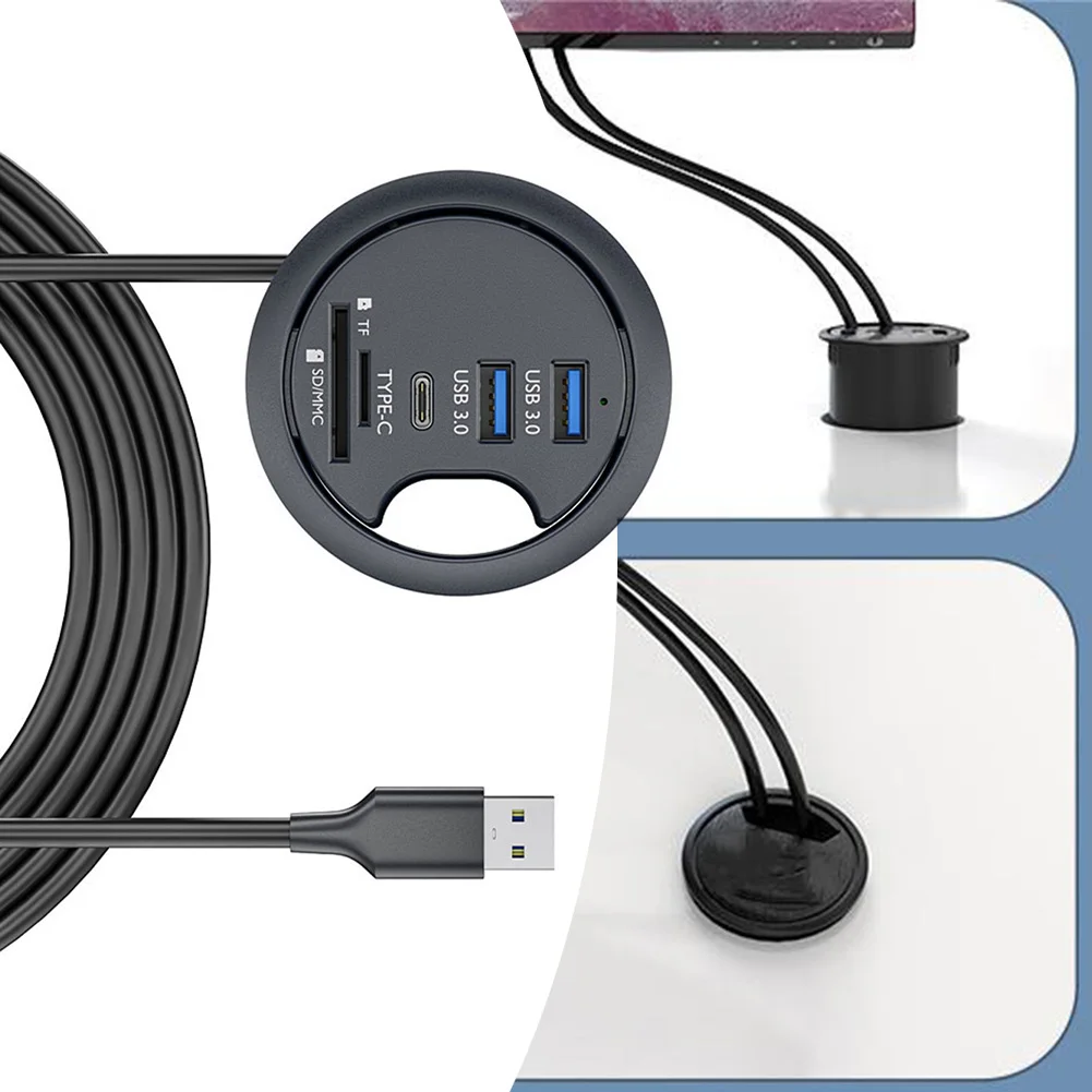 /Black /Flush /Mounted USB 3.0 Hub With For For SD TF Card Reader For Desktop PC Cable Organizer And Data Transfer Grommet Hole