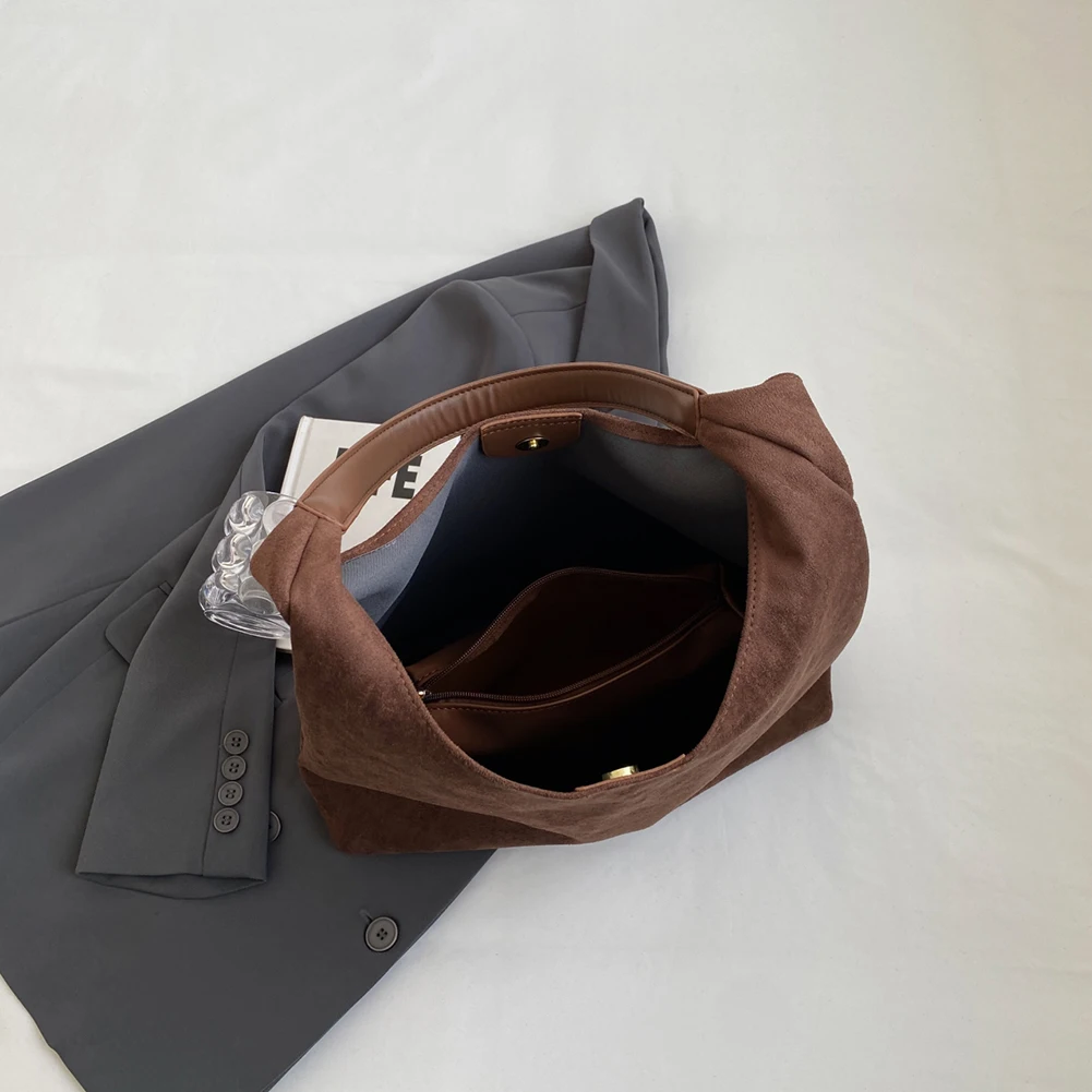 

Women Suede Shoulder Bag Retro Single Shoulder Bag Large Capacity Stylish Commuting Bag Solid Color Hasp Closure Top Handle Bag