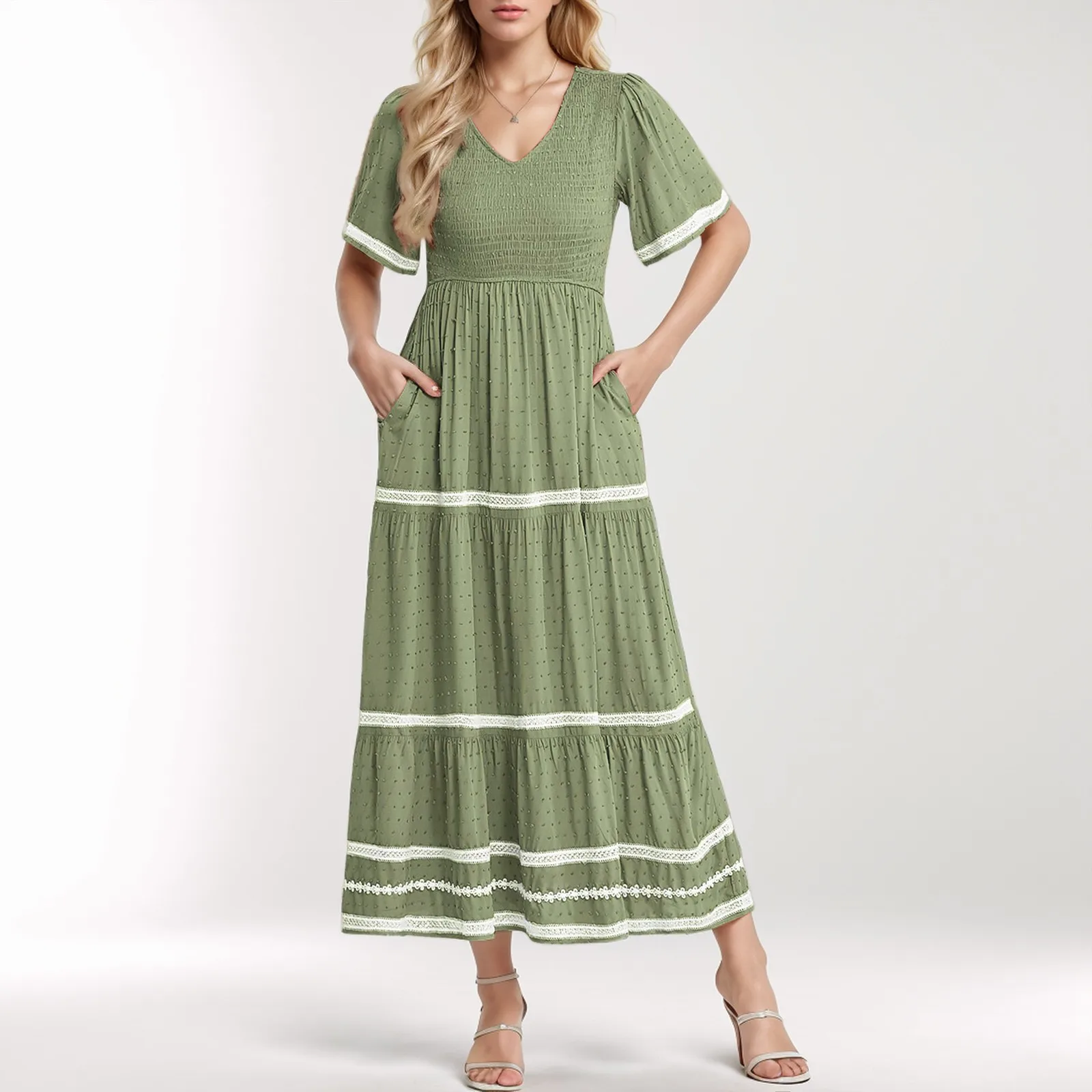 

Women Elegant Stripe Long Dress Summer Holiday V Neck Short Sleeve Shirring Maxi Dresses With Pockets Casual Tiered Tunic Dress