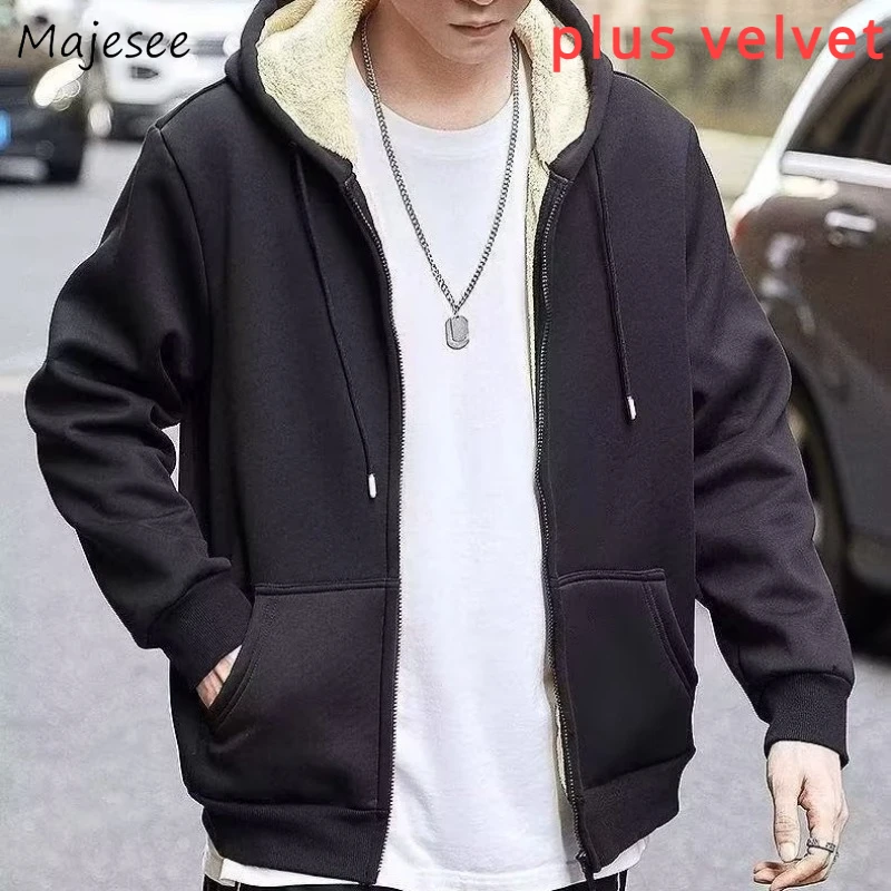 

Hooded Hoodies Men Plus Velvet Teens Winter Keep Warm Coats Baggy Korean Fashion Hip Hop All-match Outwear Harajuku Hombre Ins