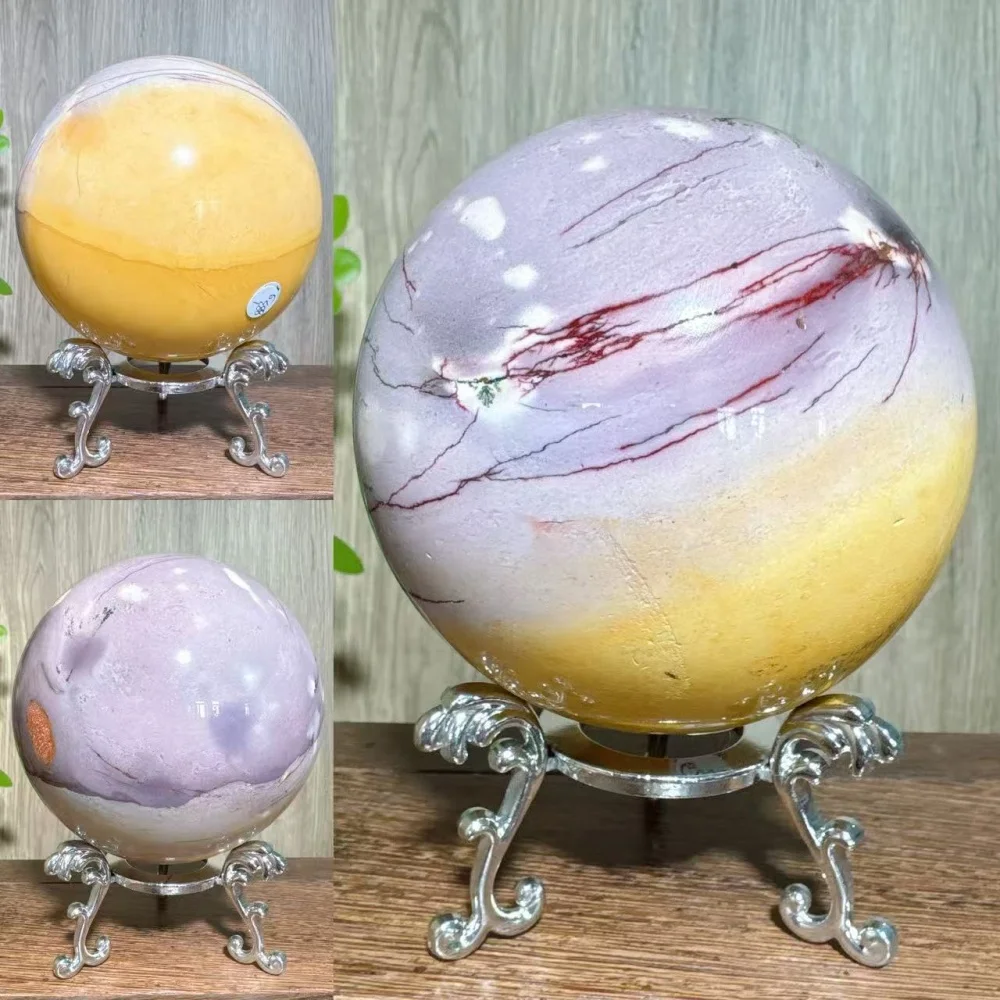 1PC Natural Unique Mookaite Raw Cracks Geode Stone Sphere Healing Crystal Reiki Energy Home Decoration Lucky Gifts+Stand