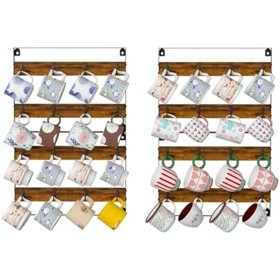 

Rustic Wood Coffee Mug Rack - Wall Mount Cup Holder Shelf Storage for Kitchen, Home, Bar, Office 4 Pack, Holds 32 Mugs