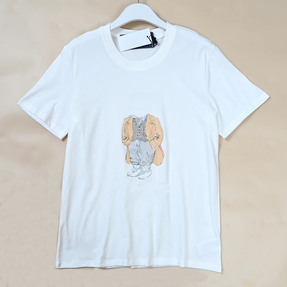 Été nouveau coton femme rond Ne ort Sve T-shirt sérigraphié décontracté Sle coupe droite longueur régulière