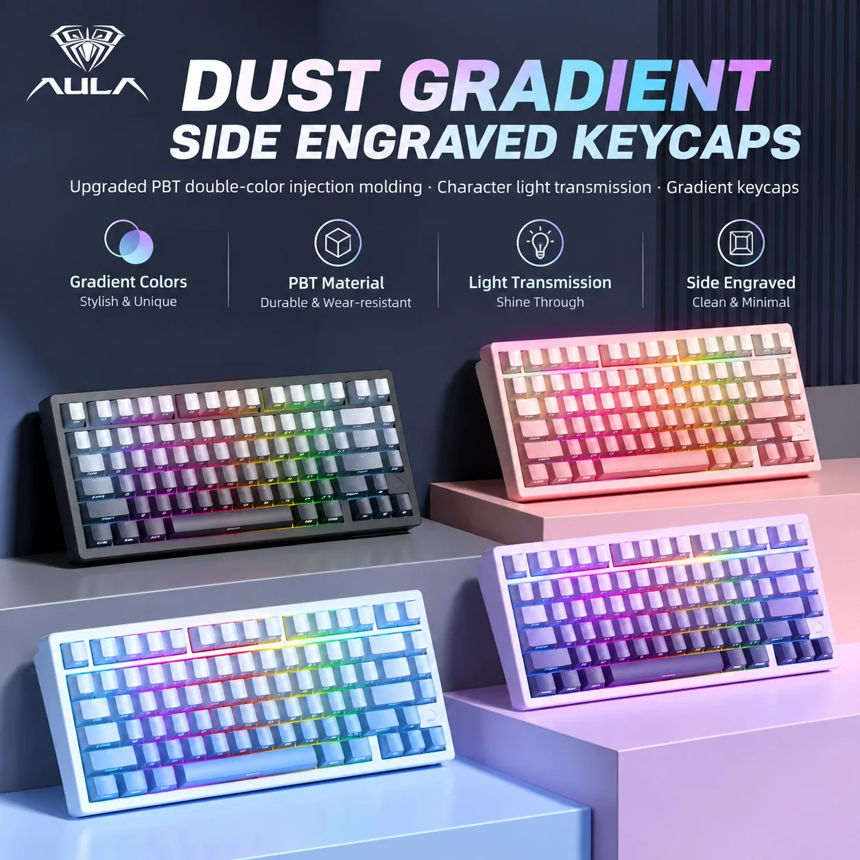 AULA Keycaps for Mechanical Keyboard 136 Keys Gradient Gray PBT Keycap Set for 60% 65% 75% 96% 98% 100% Mechanical Keyboard