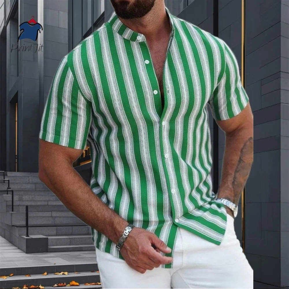 Men's Stand Collar Striped Casual Fashion Short Sleeve Shirt Texture Print Summer Hawaiian Vacation Tops S-6XL Men's clothing