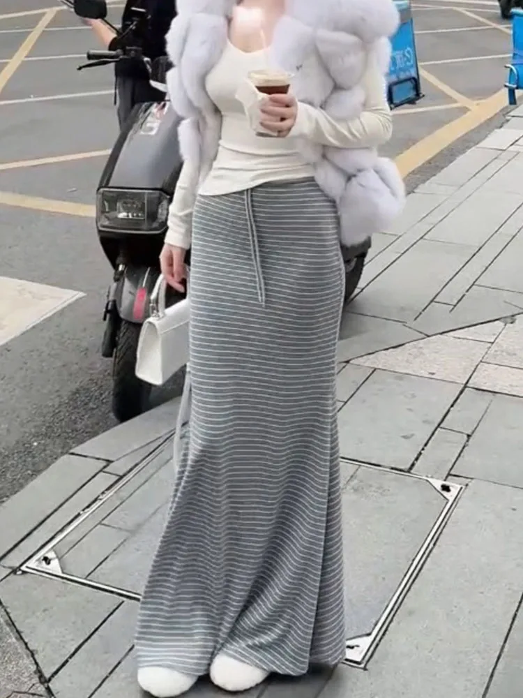 

Laid-back Style Draped Stripe Wrap Long Skirt Spring 2025 Casual Design Floor-Length Half-body Skirt for plus Size Women