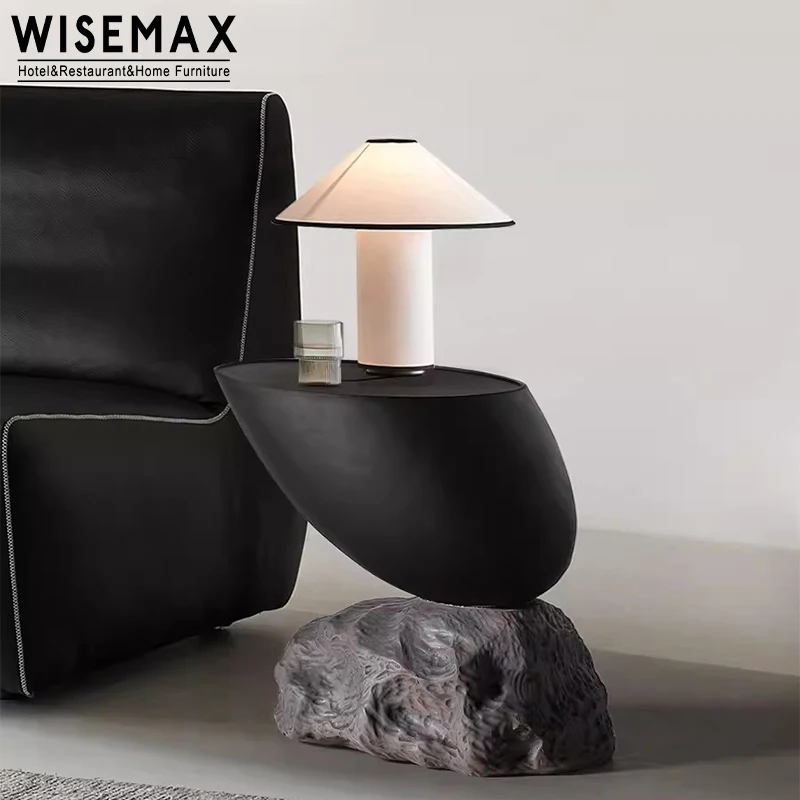 WISEMAX FURNITURE Light  Round Top Solid Wood Coffee Table With Stone Shape Sculpture Design Base for Sofa Side