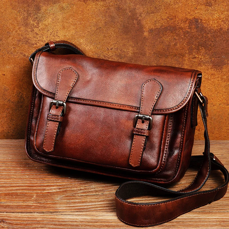 Vegetable tanned leather handbag hand-painted men\'s bag leisure leather shoulder bag fashion messenger bag