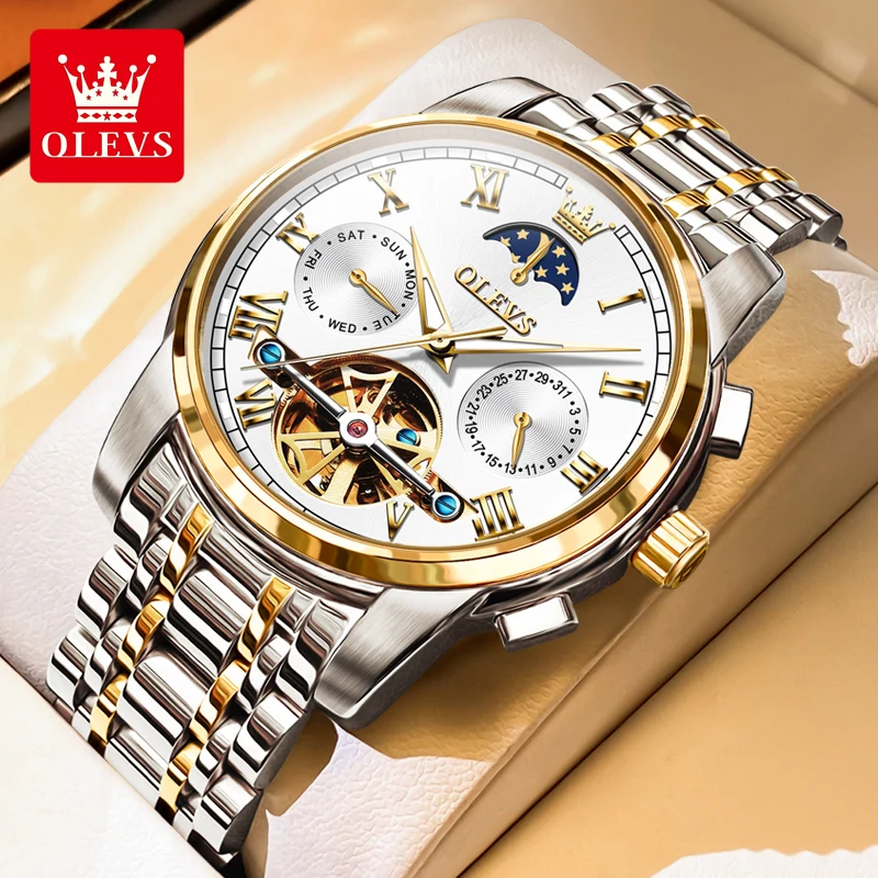 OLEVS Original Automatic Mechanical Watch for Men Luxury Brand Moon Phase Tourbillon Wristwatch Waterproof Luminous Moonswatch