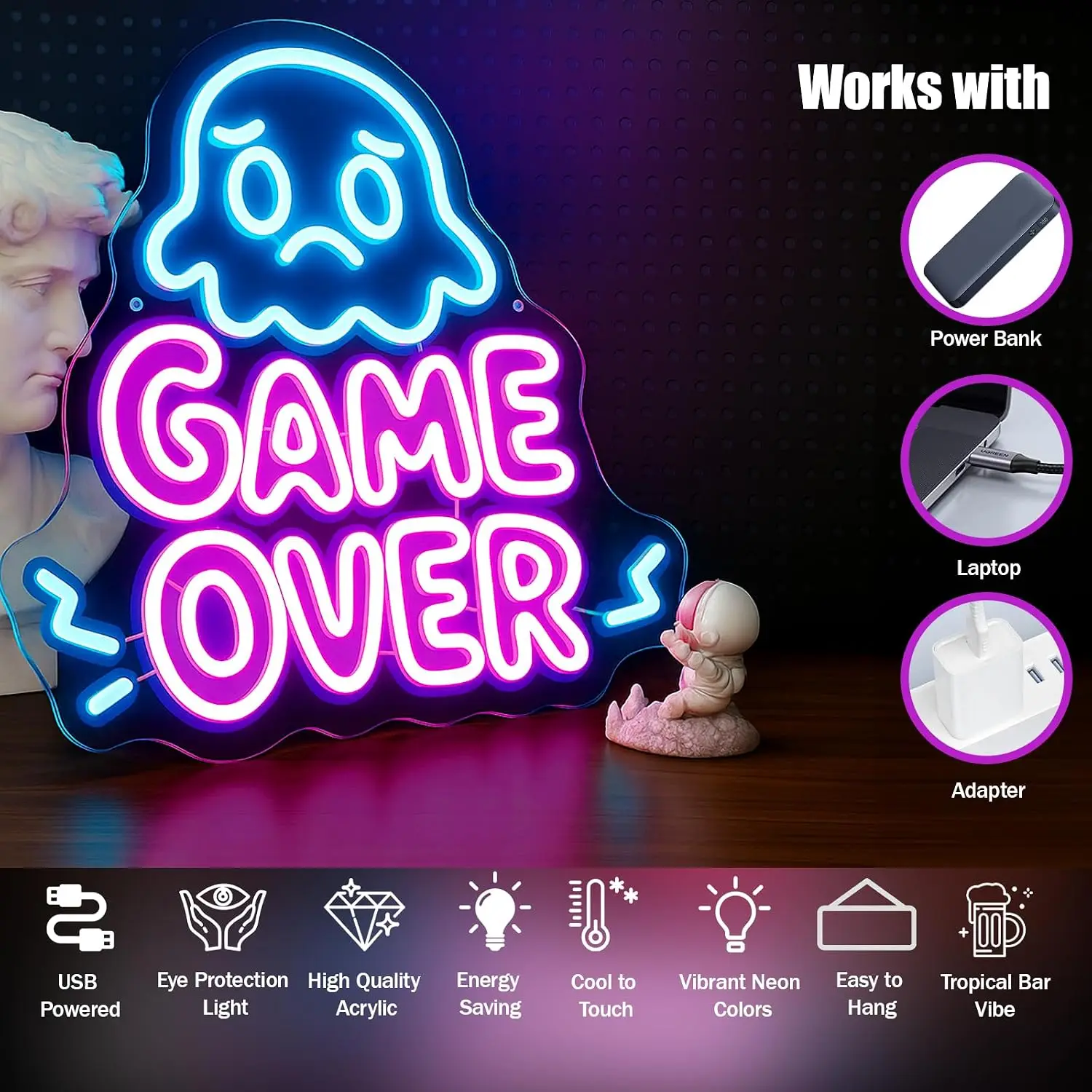 Game Over Ghost LED Neon Sign USB Neon Light Wall Hanging Lamp For Gamer Room Game Bedroom Bar  Party Wall Decor Christmas Gift
