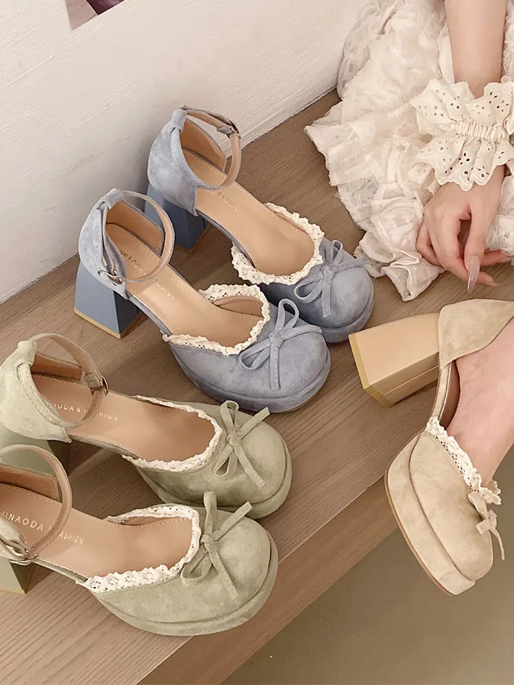 Knot Mary Jane High Heels Women's Spring New Style Lace  Toe Cover Sandals Korean Style Fashionable Casual Shoes
