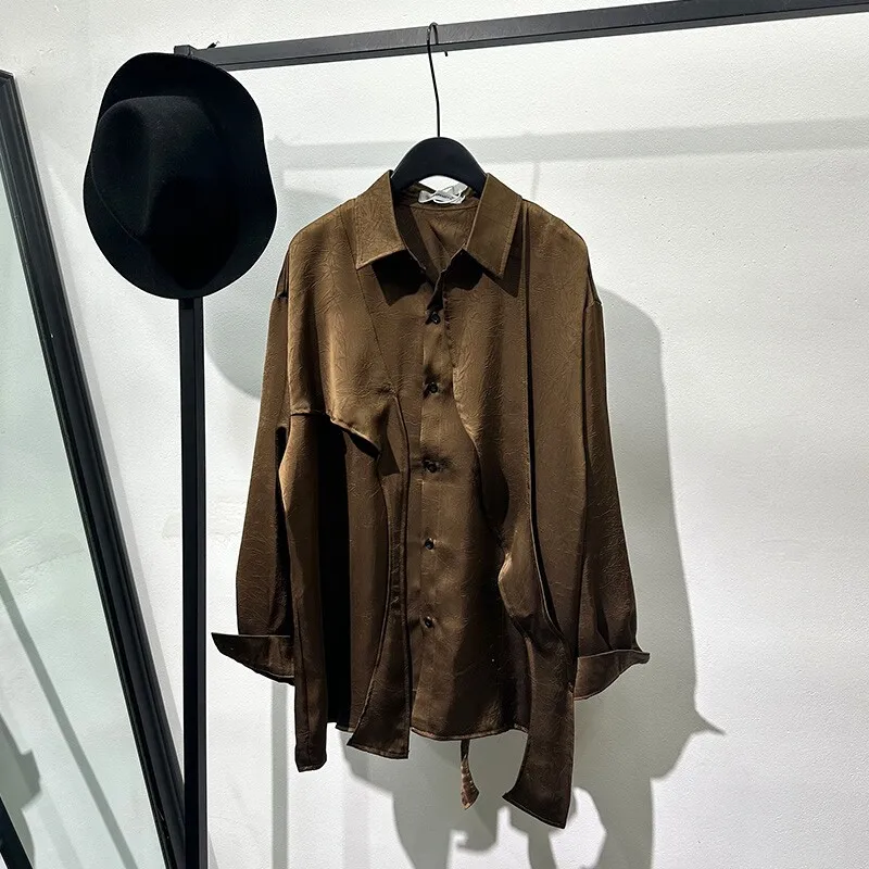 Spring Fashionable Fashion Design Irregular Avant-Garde Long-Sleeved Shirt Ruan Shuai Retro Workwear Loose Ribbon