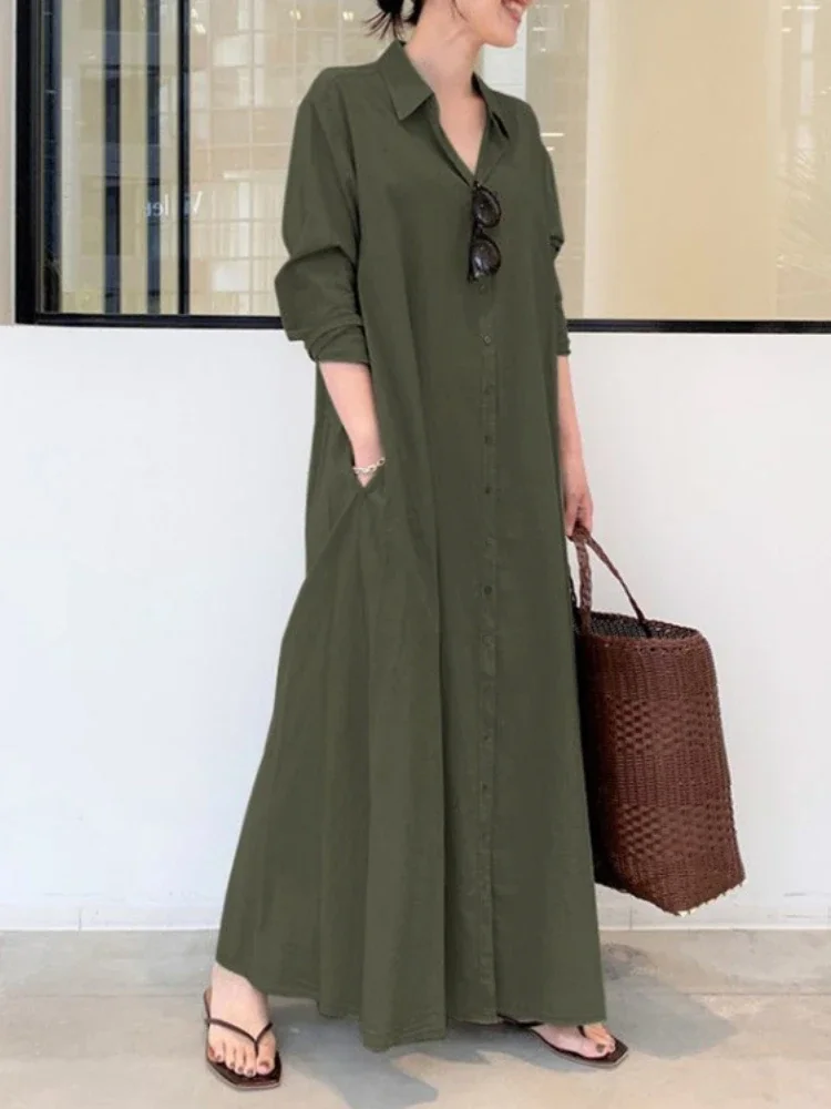 

Women Pockets Shirt Maxi Dress Chic Solid Color Long Sleeve Single-breasted A-line Cotton Dresses Femme Casual Autumn Clothes
