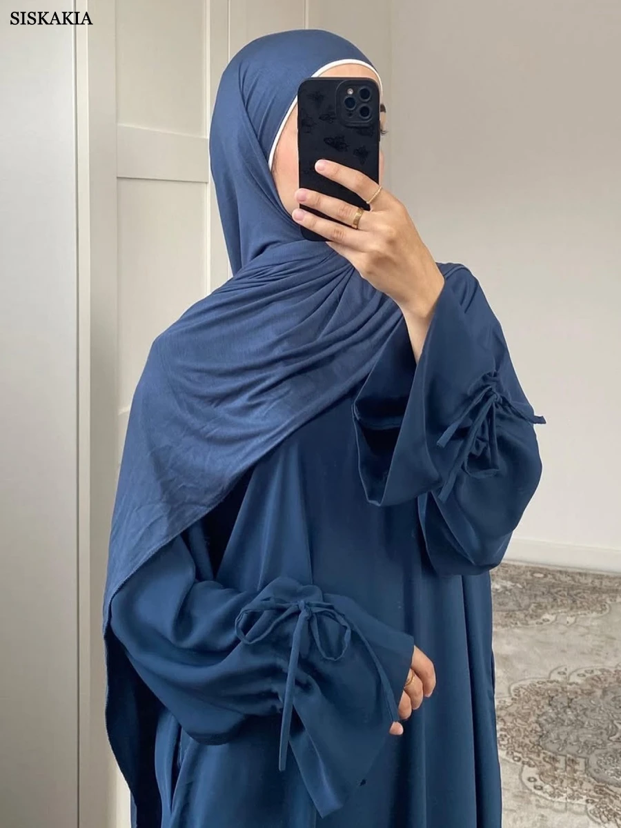 

Siskakia Muslim Draw String Sleeve Abayas For Women Dubai Elegant Solid Dress women's clothing from turkey
