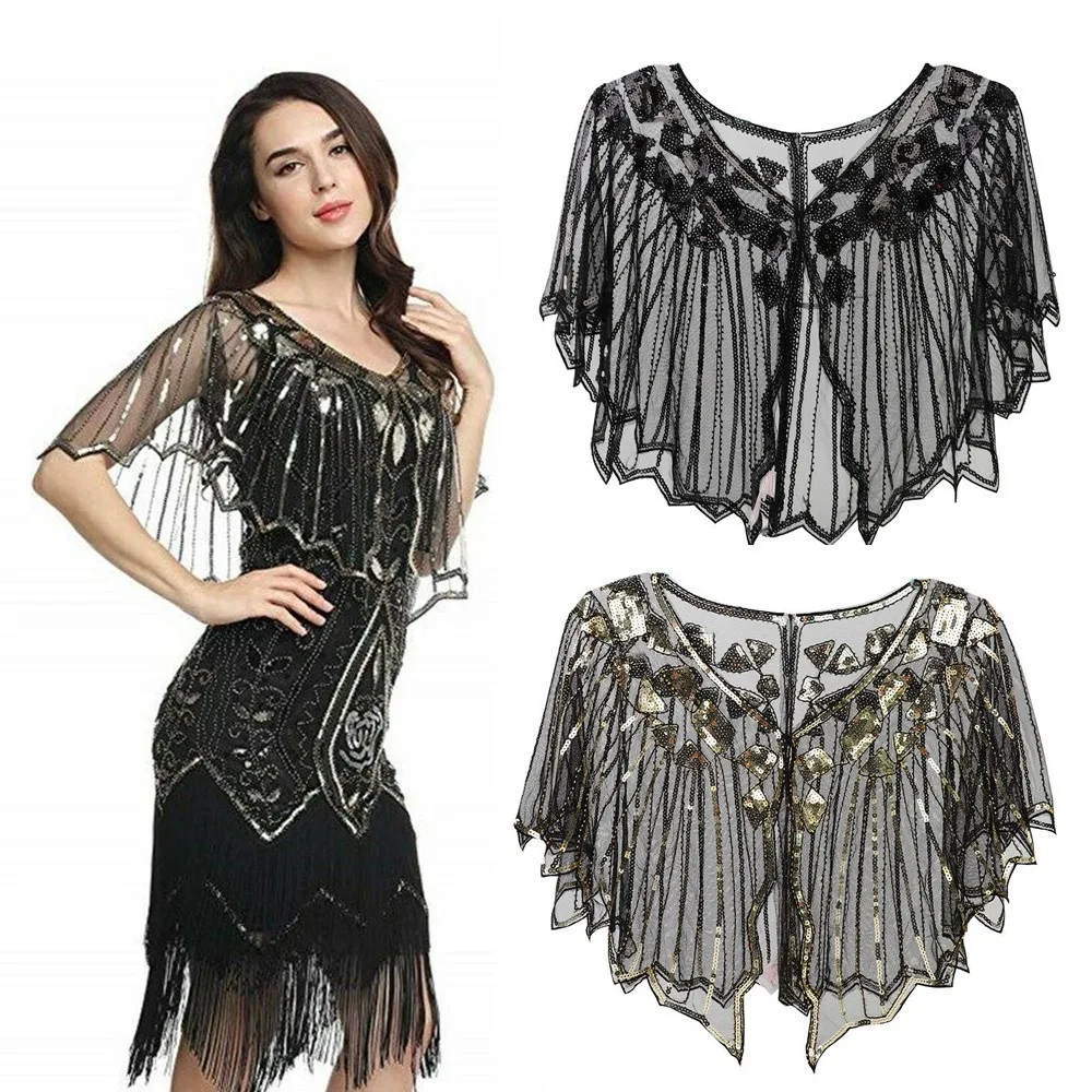 Vintage Evening Cape 1920s Flapper Dress Accessories Shawls Scarves Wraps Poncho Sequin Beaded Cover Up P02#