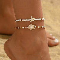 2 Bohemian style turquoise starfish turtle ankle chains, double-layer layered mixed color rice bead beach ankle chains