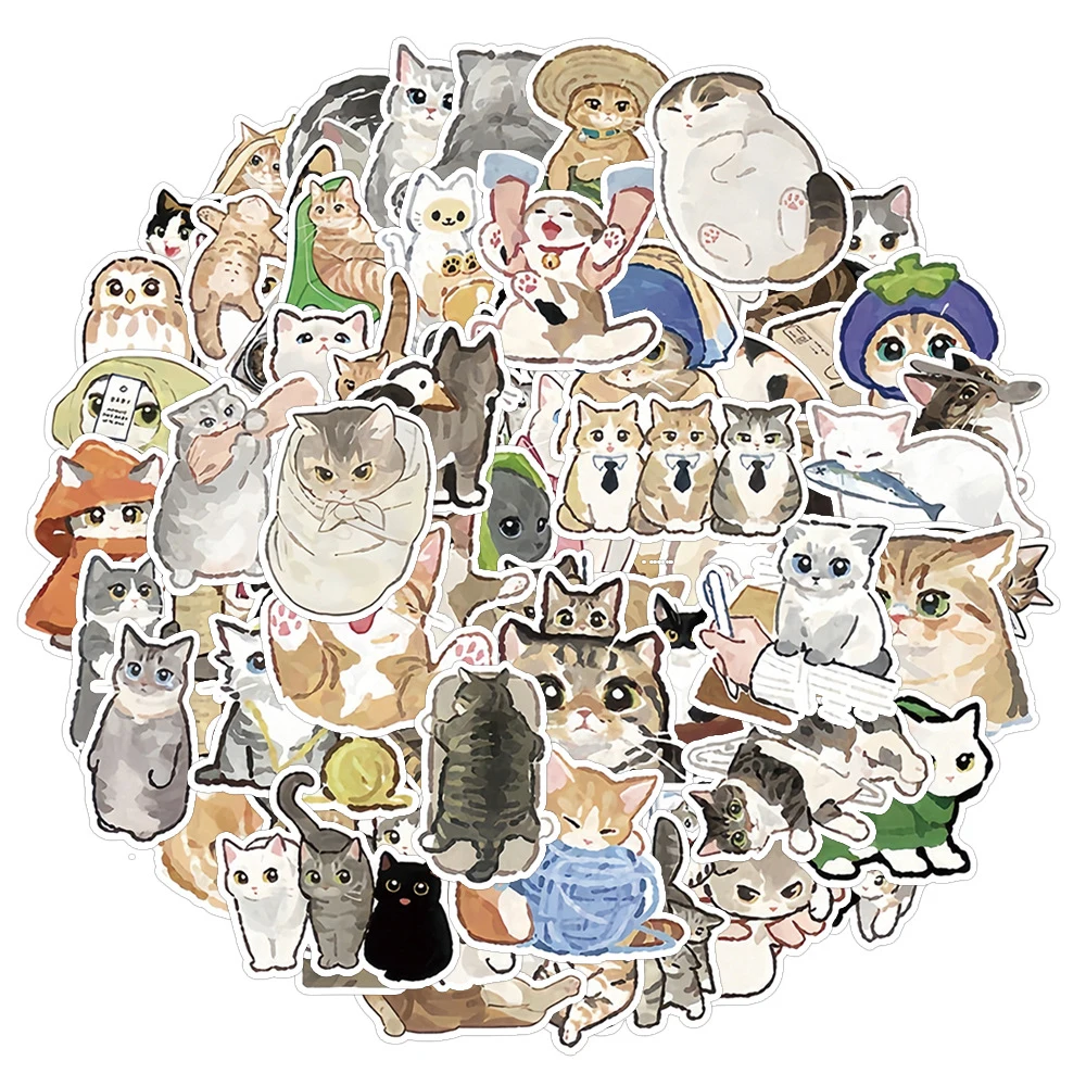 10/30/77pcs Cute Cartoon Watercolor Cat Animal Stickers Decals DIY Suitcase Motorcycle Phone Car Waterproof Kawaii Sticker Decor