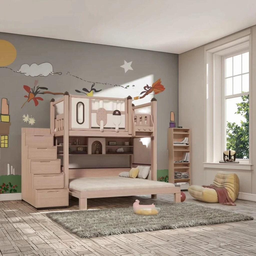 Factory Direct 2026 Modern, Eco-Friendly Solid Wood Bunk Bed with Safety Guardrail for Kids