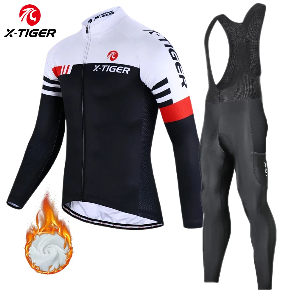 X-TIGER Winter Bike Jersey Men\'s Long Sleeve Thermal FleeceCycling Jersey with Pockets Road Bicycle Shirt