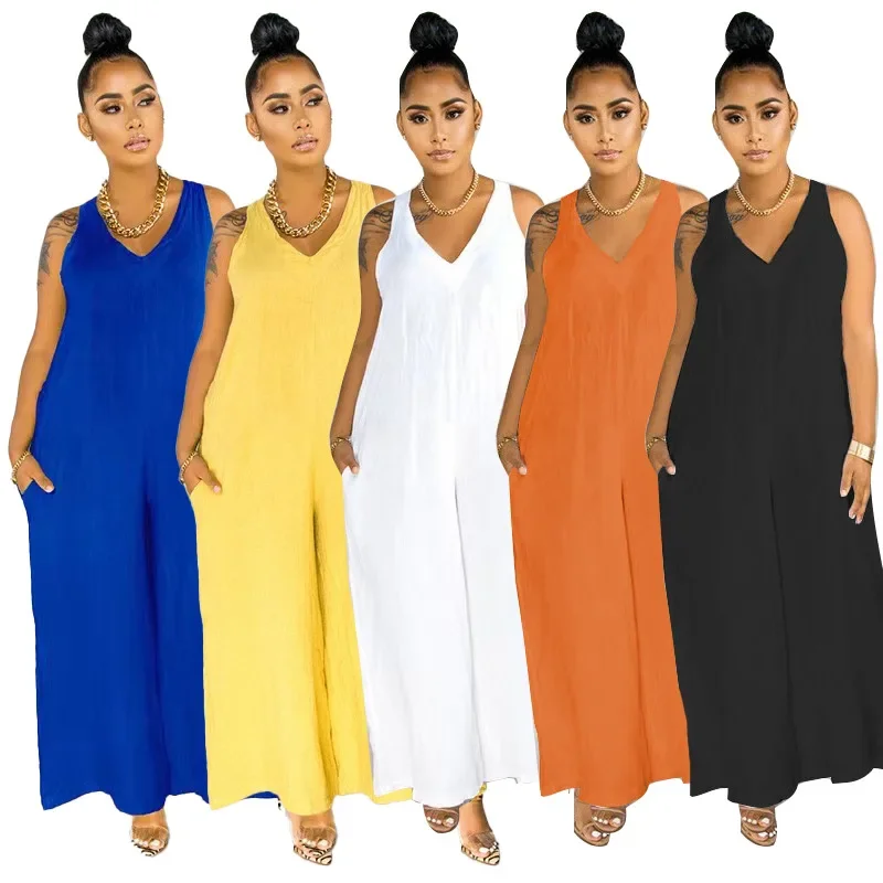 

Jumpsuits One Piece V Neck Solid Women Rompers Wide Leg Pants Casual Pockets Loose Fit Ankle Length 2024 Summer Mid Waist