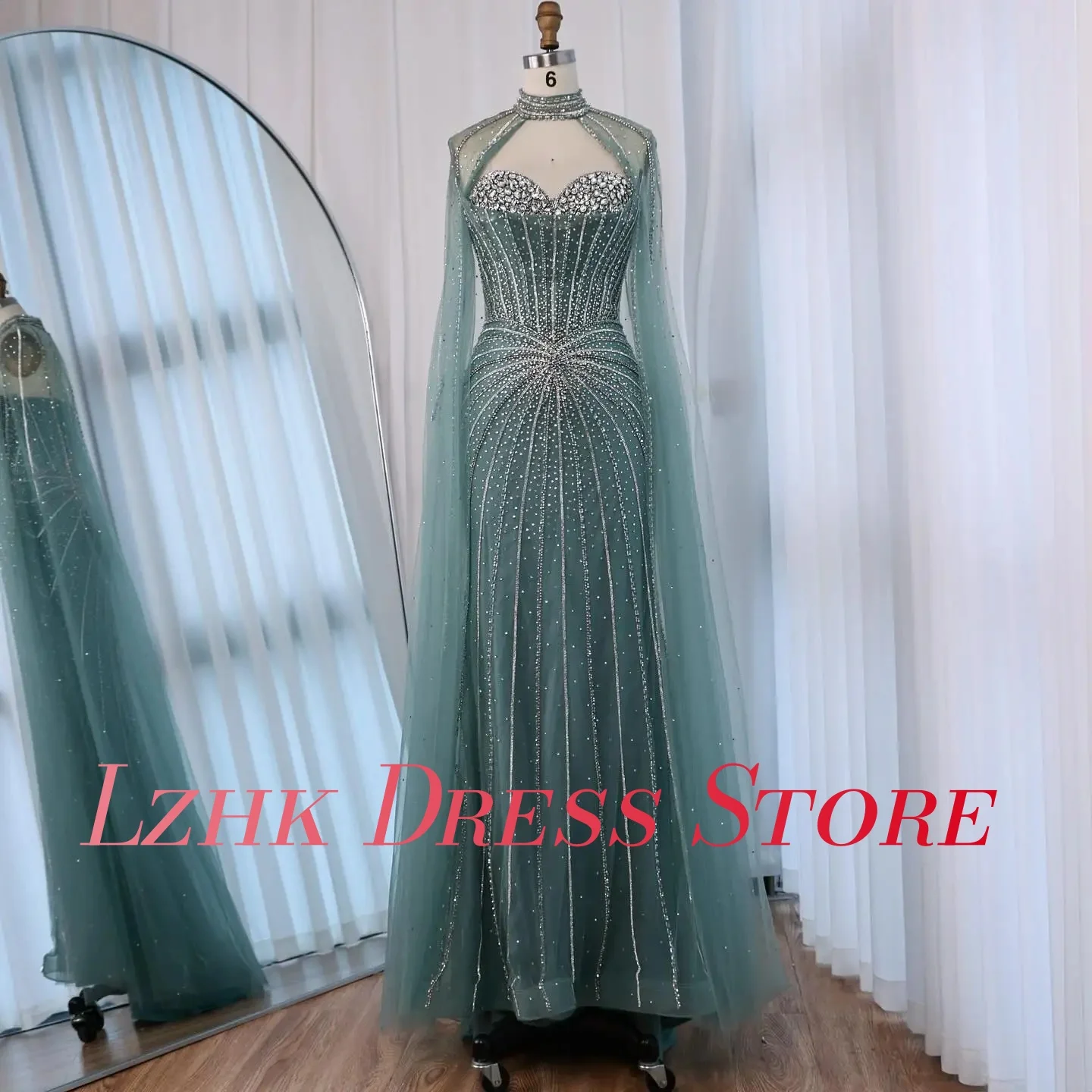 Gaun malam selendang kristal putri duyung organza indah yang disesuaikan gaun prom panjang lantai Sweetheart tanpa lengan berkualitas tinggi