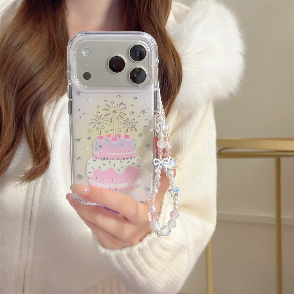 

Luxury Glitter Star Cake Korean INS Phone Case for iPhone 17 Pro 15 Pro Max 14 13 16 Max Cover Cute Protection Cases With Chain