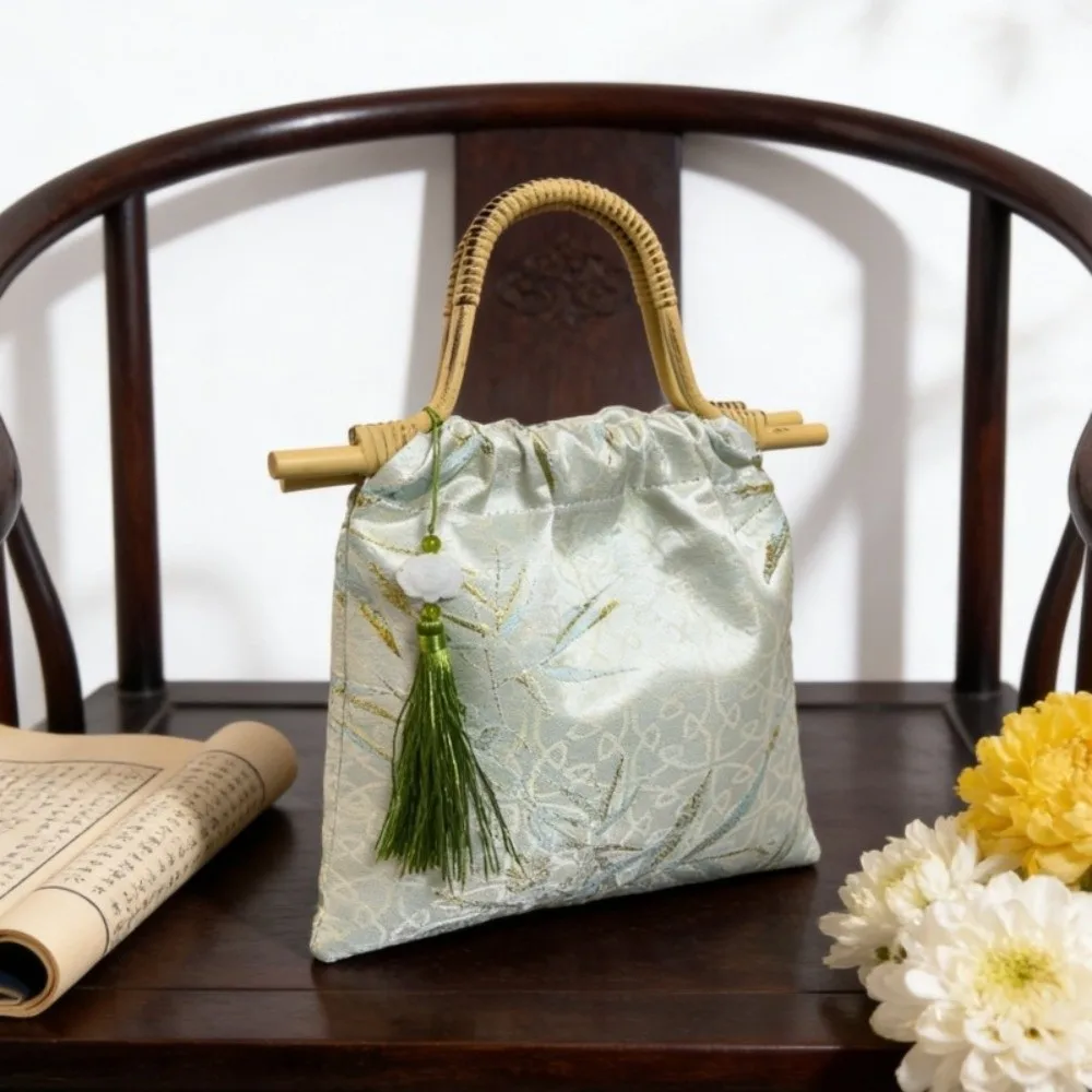 Imitation Bamboo Node New Chinese Style Handbag Bamboo Leaf Printed Hanfu Bucket Bag Cloth Large Capacity Tote Bag Women