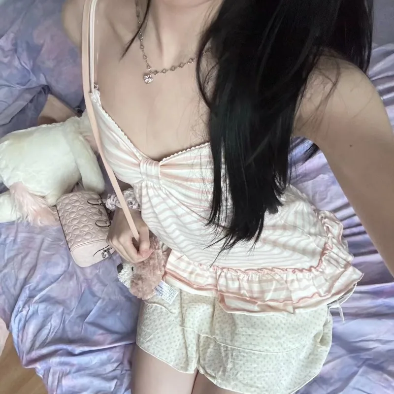 اليابانية الرجعية الوردي شريط طباعة الرسن سترة المرأة مثير فراشة الرقبة الدبابات الأعلى Kawaii الحلو بروتيل الصيف الإناث هوتي الأعلى #3