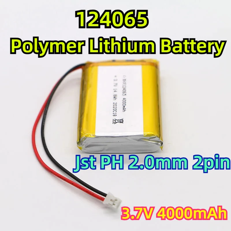 High Capacity Jst PH 2.0mm 2pin Plug Hand Warmers Tablet Medical Devices Camera 124065 3.7V 4000mAh Polymer Lithium Battery