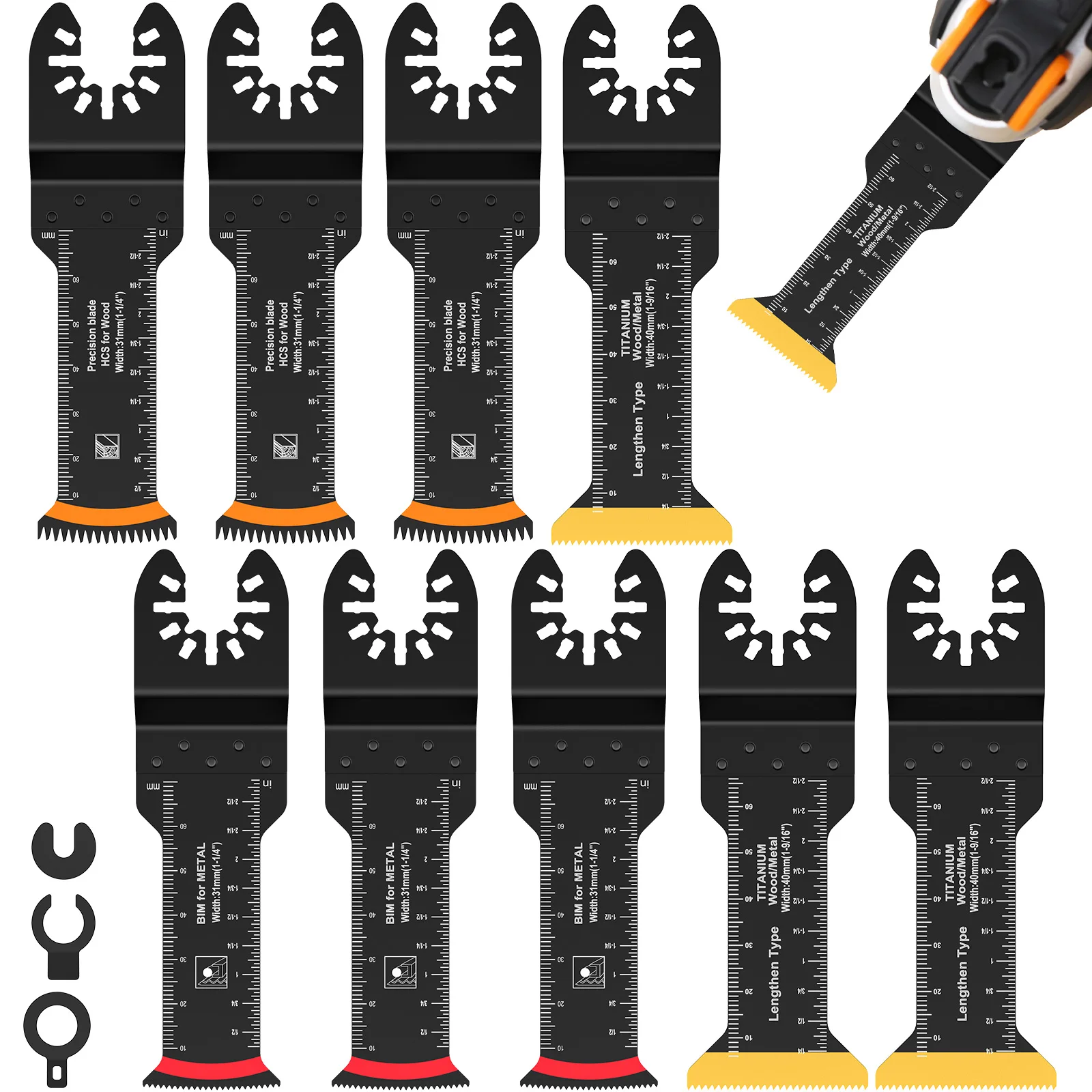 9Pcs Oscillating Saw Blade Set Titanium Bimetal Oscillating Multitool Blade Extra Long Curved Edge Oscillating Tool Blade