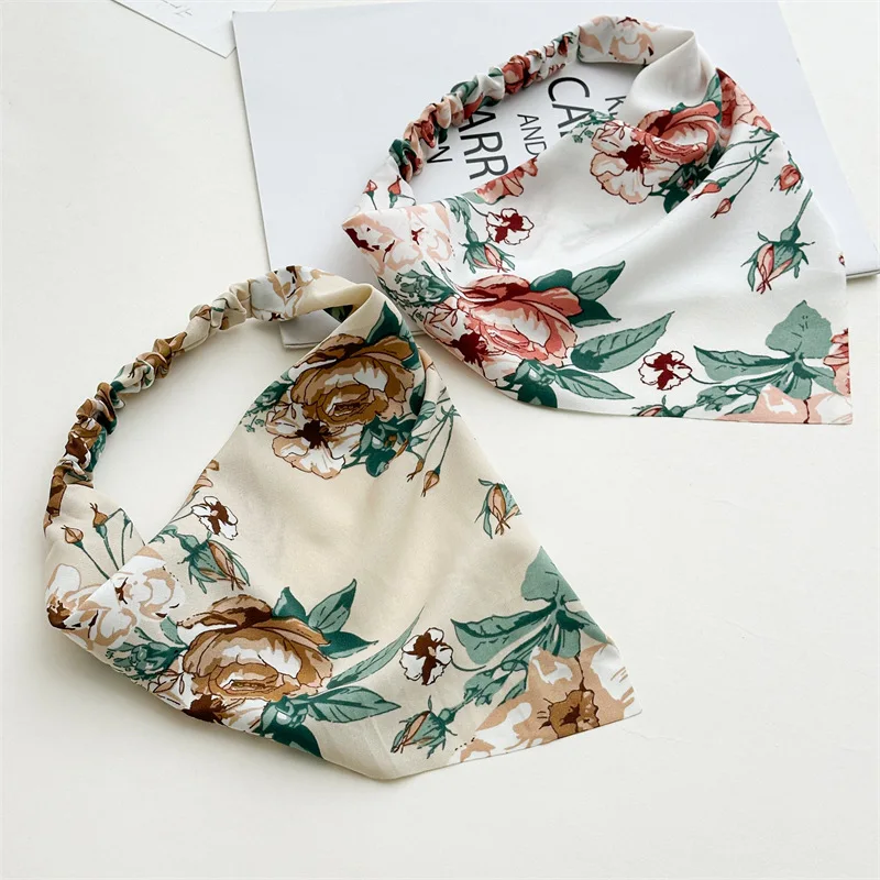 Bud Hair Scarf for Women Girls Flowers Print Bandanas Pastoral Vintage Rubber Band Elastic Triangle Headbands Summer Accessories