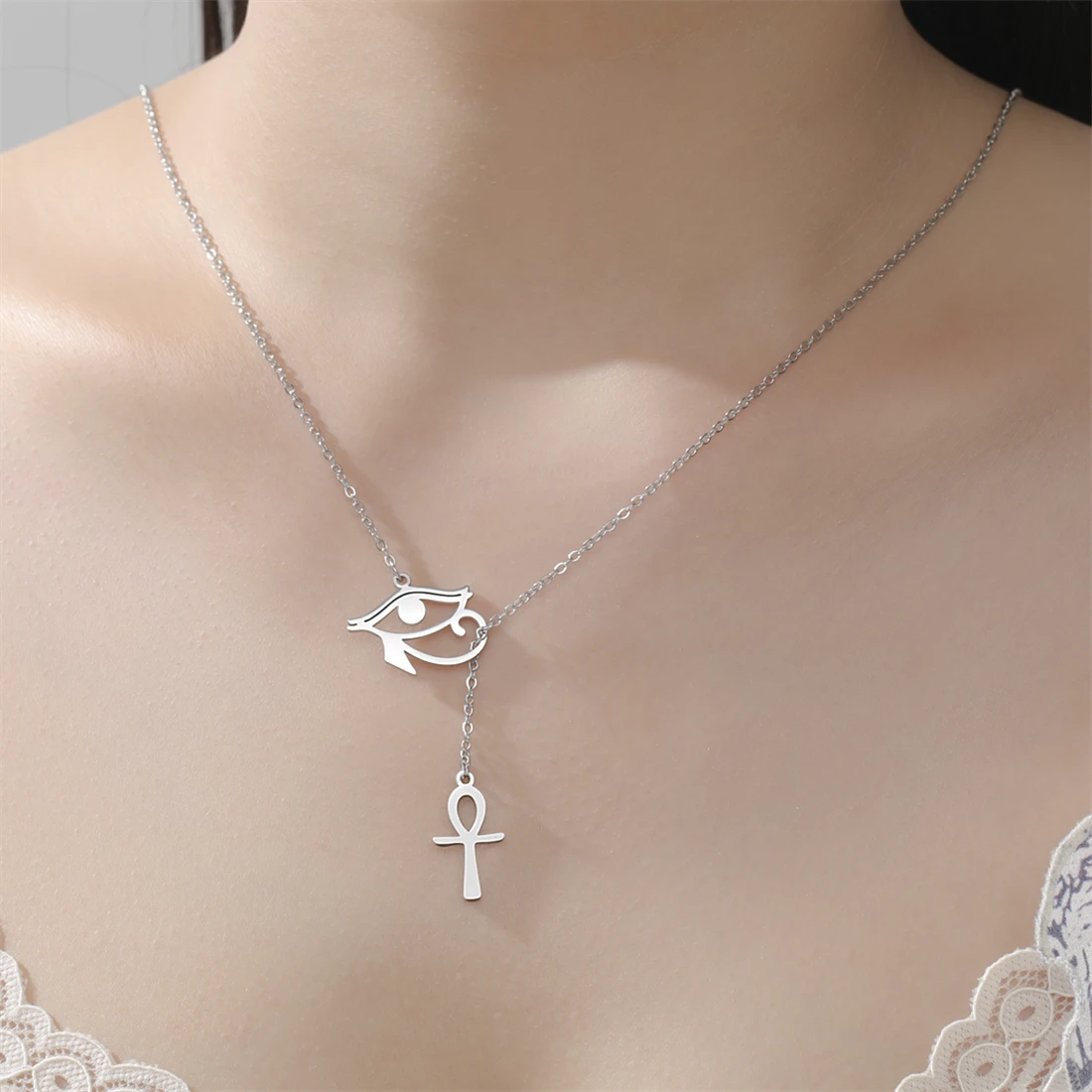 1pc Eye of Horus and Ankh Cross Necklace Stainless Steel Vintage Mythology Egyptian Necklaces Religious Amulet Jewelry Gifts