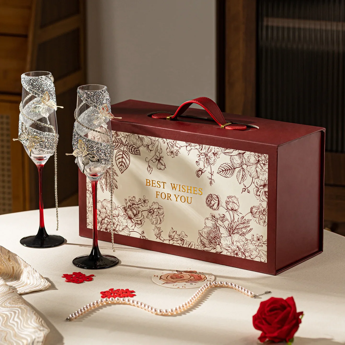 Luxury Butterfly Textured Wine Glass Set with Gift Box Champagne Wine Mug Wedding Anniversary Party Wine Set Valentine Day Gifts