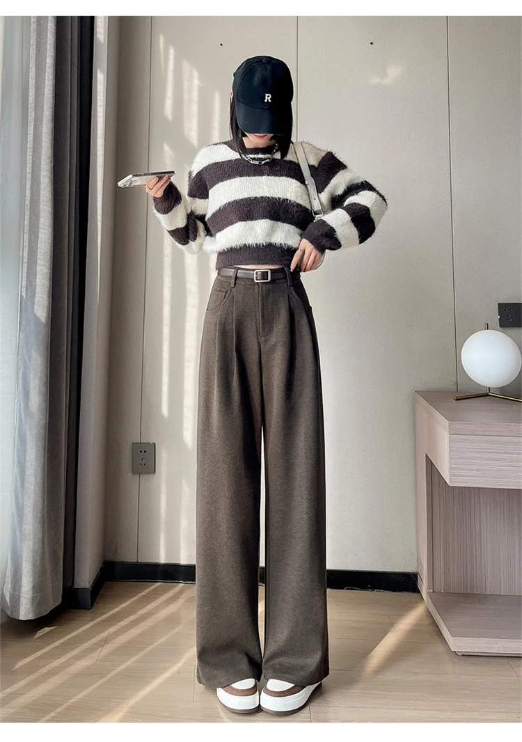 2023 Autumn and Winter New Wool Blended Wide-Leg Pants Straight Mopping Pants High Waist Slim Lengthened Casual Pants for Women