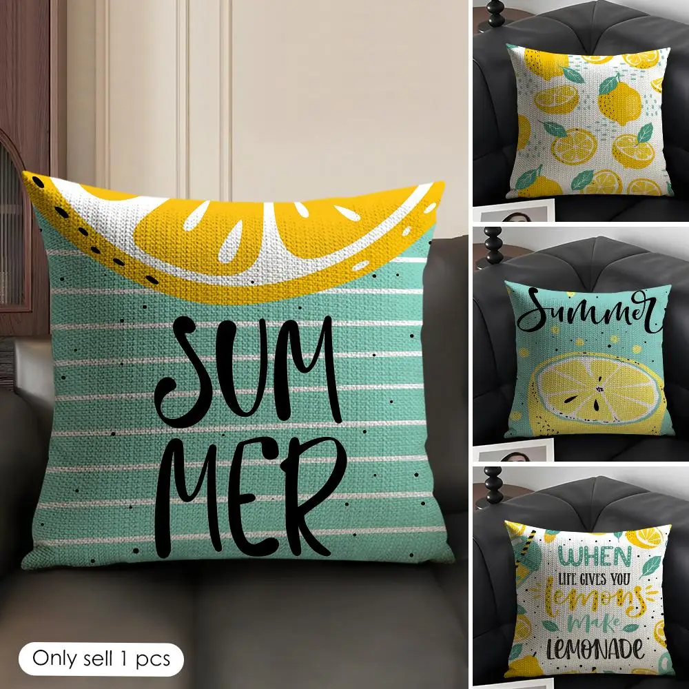 Refreshing Summer Lemon Cushion Cover Natural Linen Organic Fabric Double-Sided Printing Breathable Perfect Gift For Decor