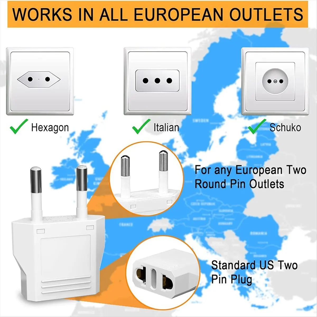 A73P European Plug Adapter,20Pcs US to Europe Plug Adapter,European Travel Type C Plug Adapter,Europe Power Converter EU Plug