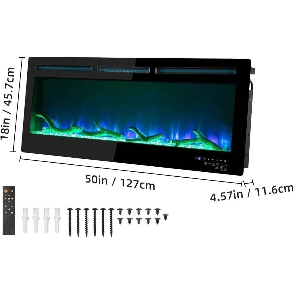 

l L Electric Fireplace, 50-inch Recessed And Wall Mounted, Adjustable Flame Colors And Speed With Remote Control & Timer, Black