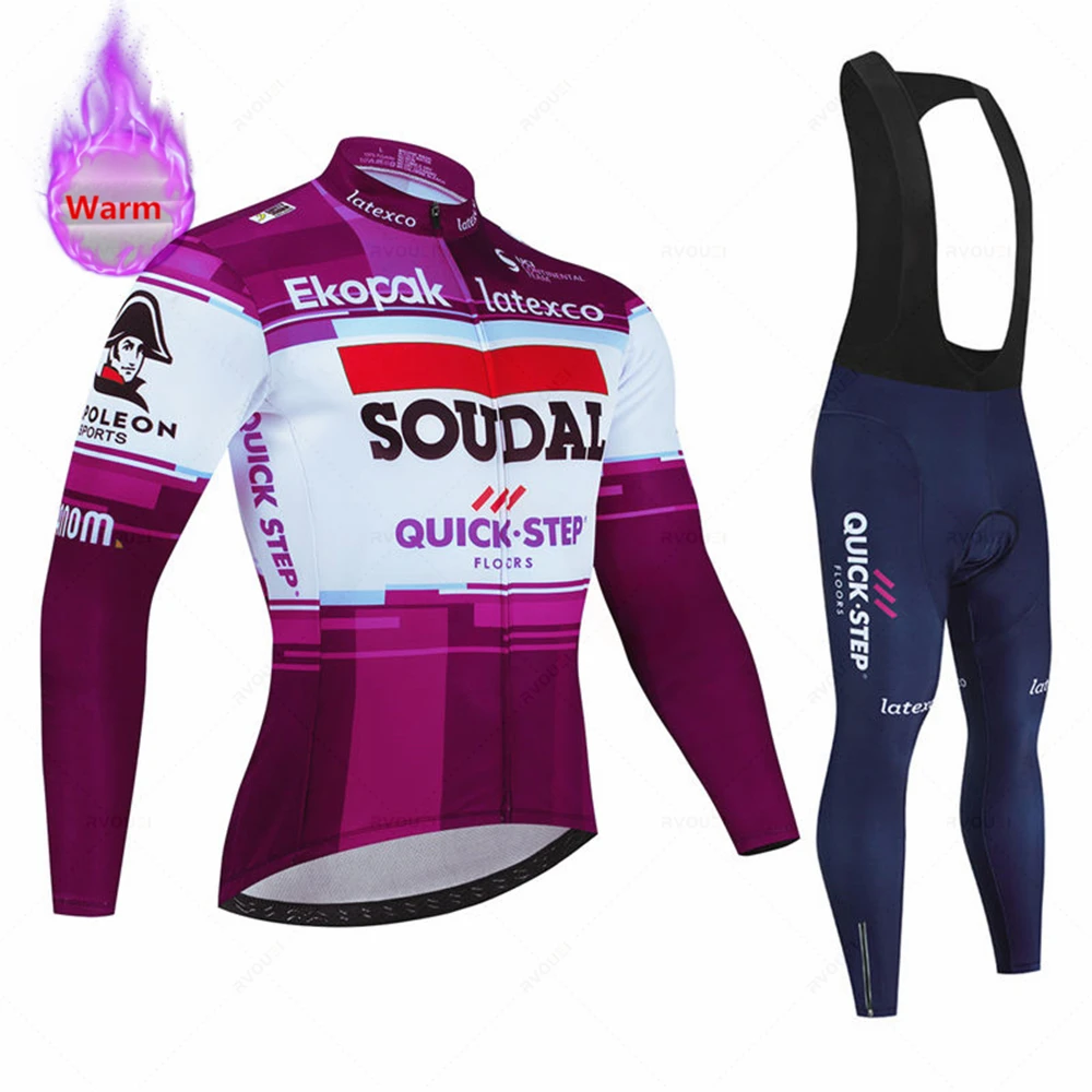 Soudal Quick Step Bicycle Warm Winter Thermal Fleece Cycling Clothes Men\'s Jersey Suits Outdoor Riding Bike MTB Bib Pants Sets