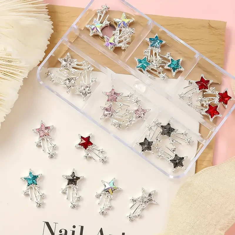 10Pcs/1Box 3D Luxury Metal Alloy Star Nail Charms Pendant Rhinestones Diamonds Crystal Gems Pearls Design For Nail Art DIY Decor