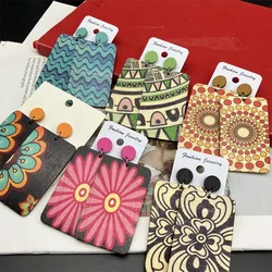Bohemian Vintage Big Square Wooden Earrings for Women Ethnic Long Painting Pattern Personality Earring Vacation Bijoux Boho Gift